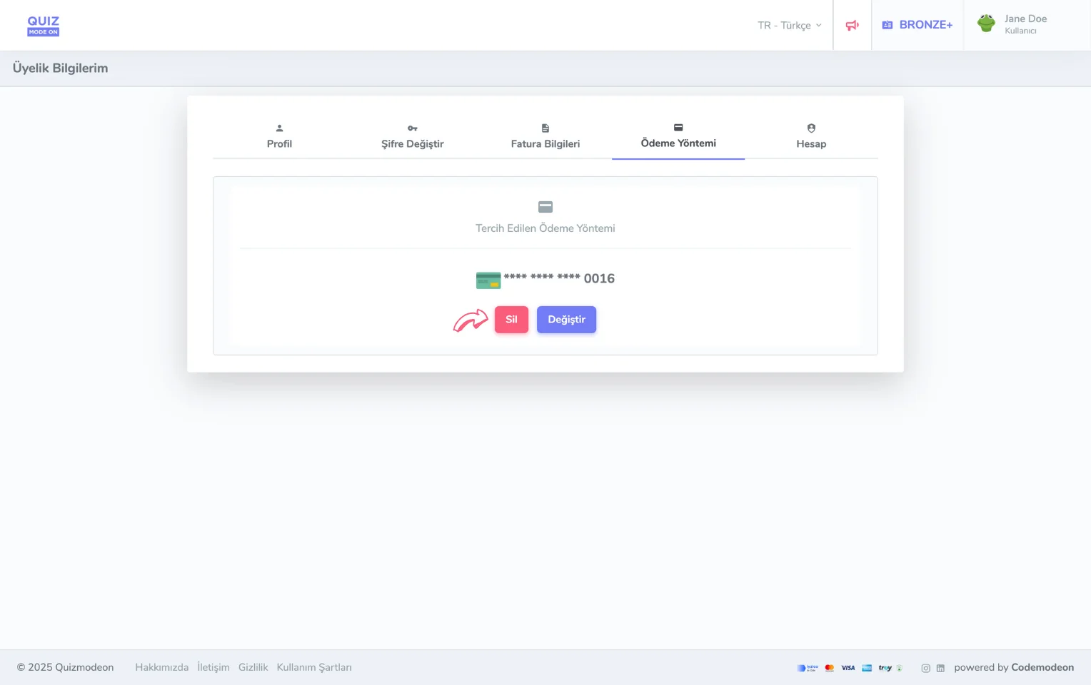 üyelik hesabı - kayıtlı kartlar - kart silme