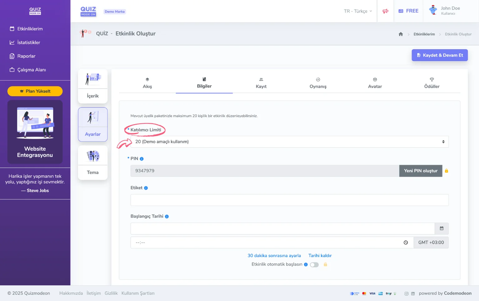 etkinlik ayarları - katılımcı limiti - ücretsiz