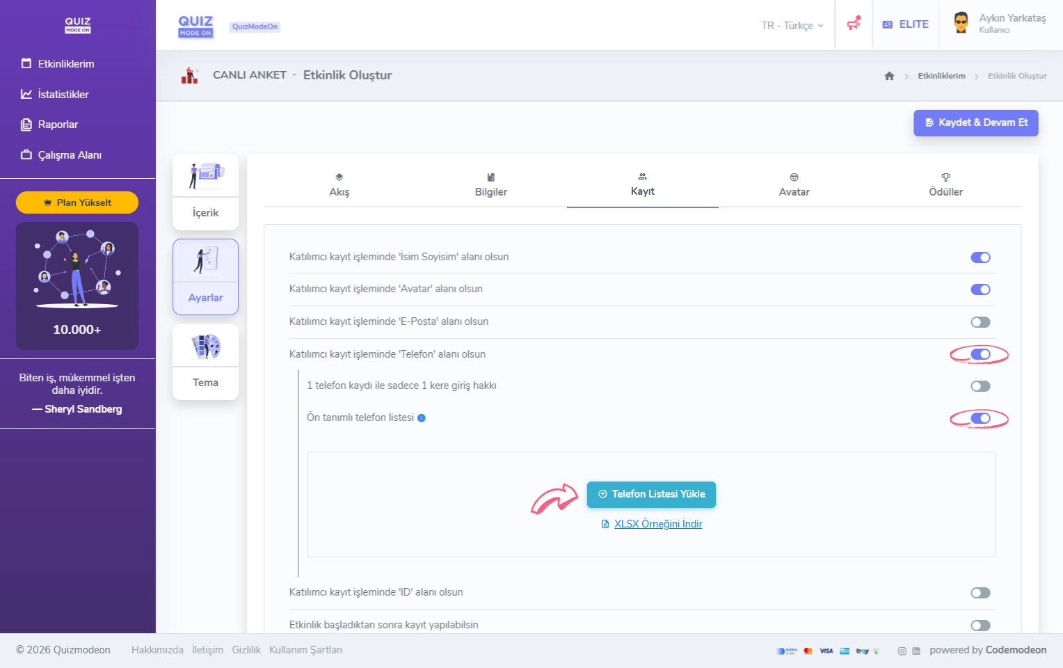 canlı oylama oluşturma - ayarlar - katılımcı kayıt bilgileri - telefon - ön tanımlı telefon listesi