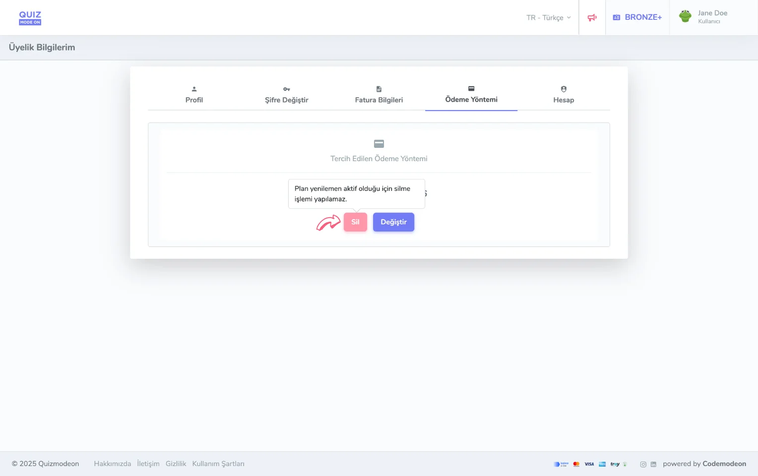 üyelik hesabı - kayıtlı kartlar - kart silme deaktif