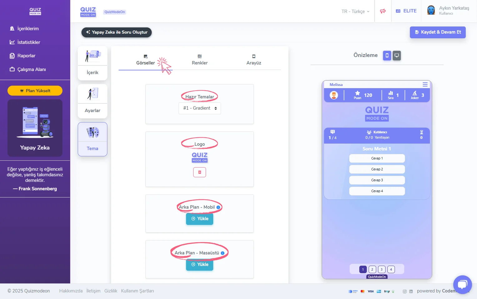 kurumsal özellikler - tema editörü - logo arkaplan görsel yükleme