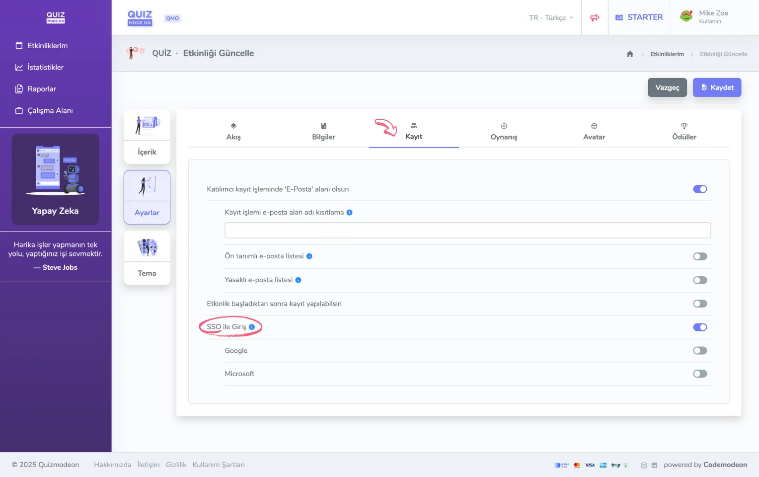 etkinlik ayarları - katılımcı girişi - sso