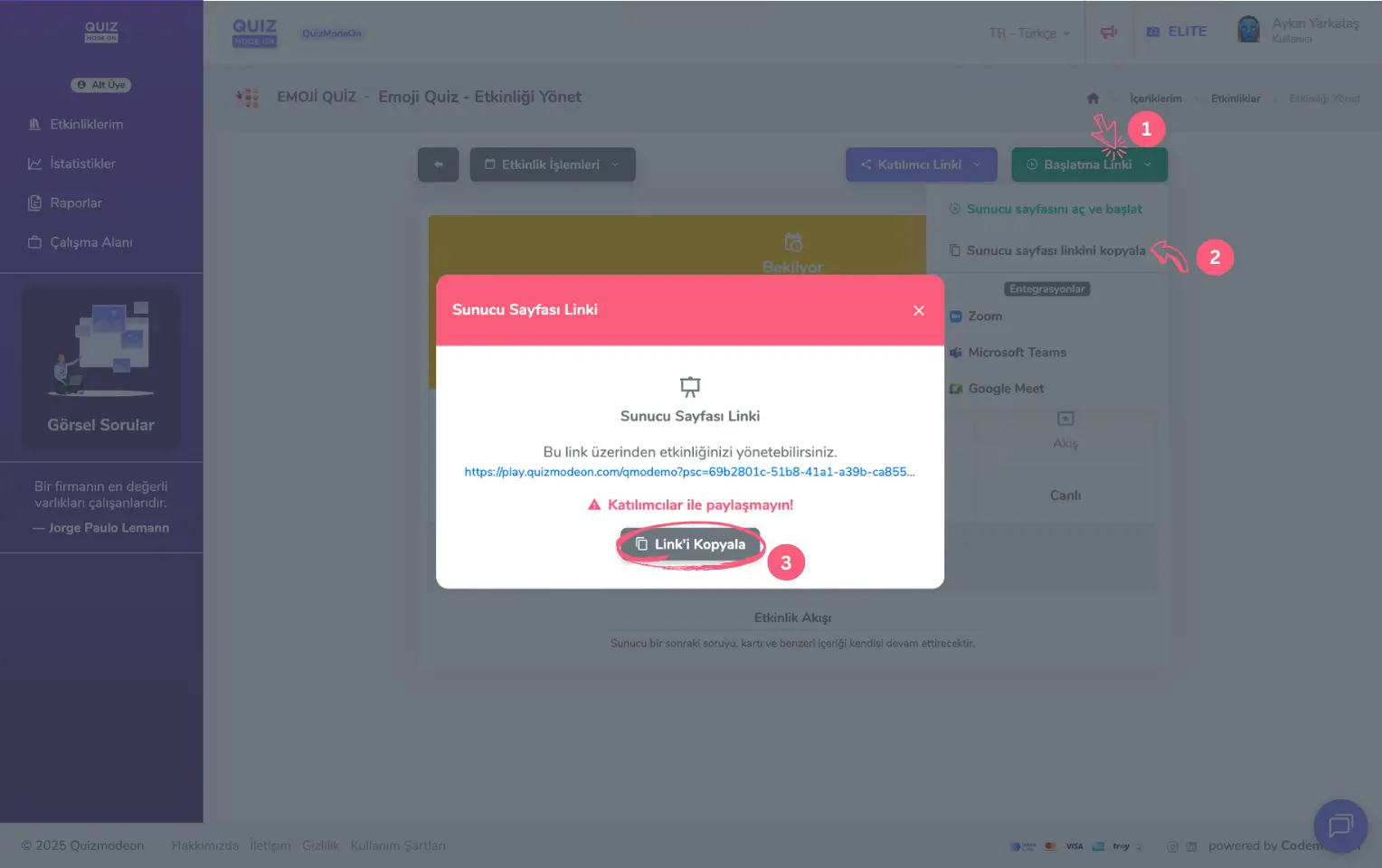 admin üye - portal - etkinlik yönetimi - sunucu sayfası - linki kopyala ve paylaş
