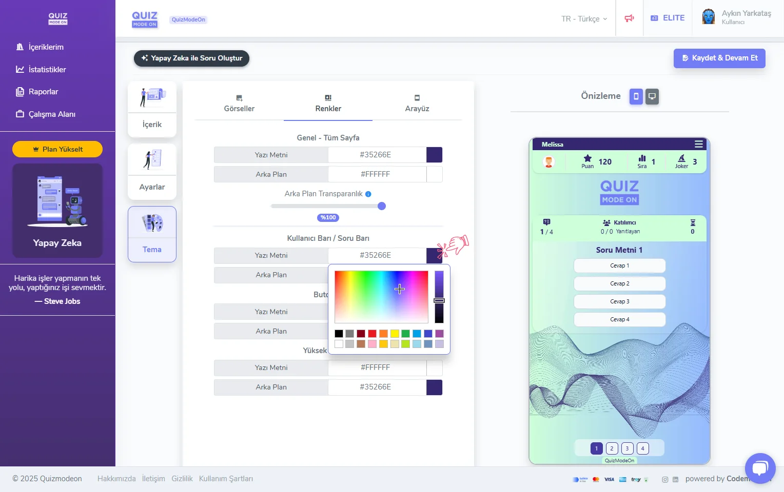 kurumsal özellikler - tema editörü - görsel tasarım