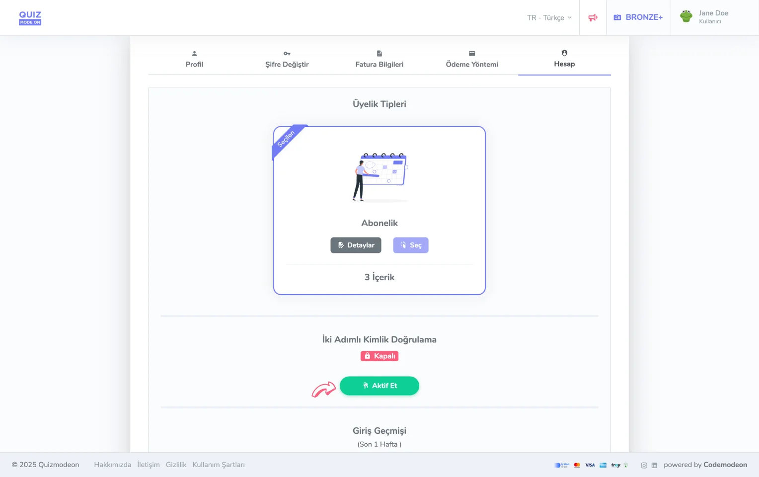 üyelik hesabı - güvenlik - iki adımlı doğrulama
