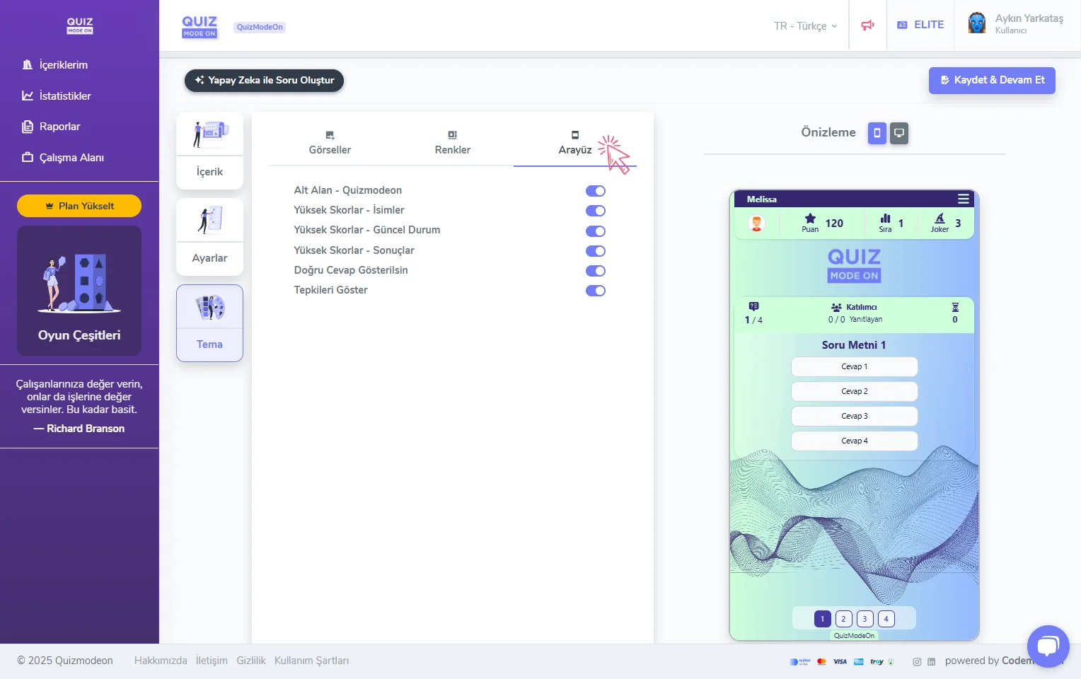kurumsal özellikler - tema editörü - arayüz ögelerini gizleme