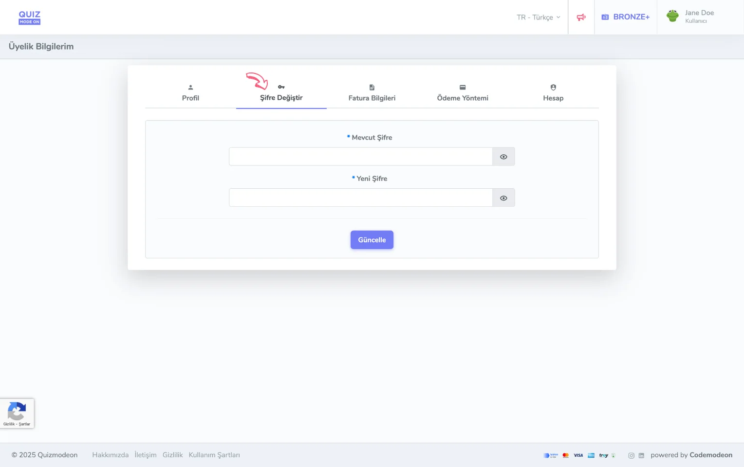 üyelik hesabı - giriş bilgileri - şifre değiştirme